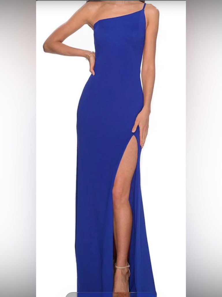 La Femme Royal Blue High-Slit Evening Gown